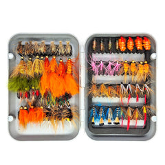 Raprance 64pcs Flies Trout Steelhead Salmon Fishing Flies Barbed Barbless Fly Hooks Include Dry Wet Flies Nymphs Streamers Eggs, Fly Lure Kit with Fly Box