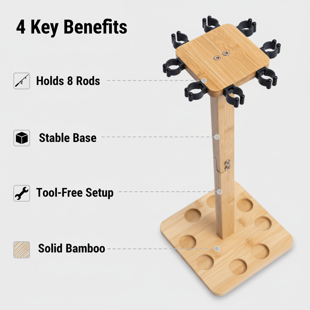 Raprance Fishing Rod Storage Racks, 100% Bamboo Floor Stand Fishing Pole Holders for Garage of 8 Rods or Combos
