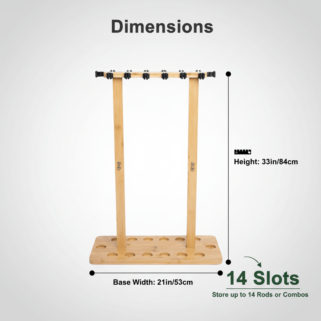 Raprance Fishing Rod Storage Racks, 100% Bamboo Floor Stand Fishing Pole Holders for Garage of 14 Rods or Combos