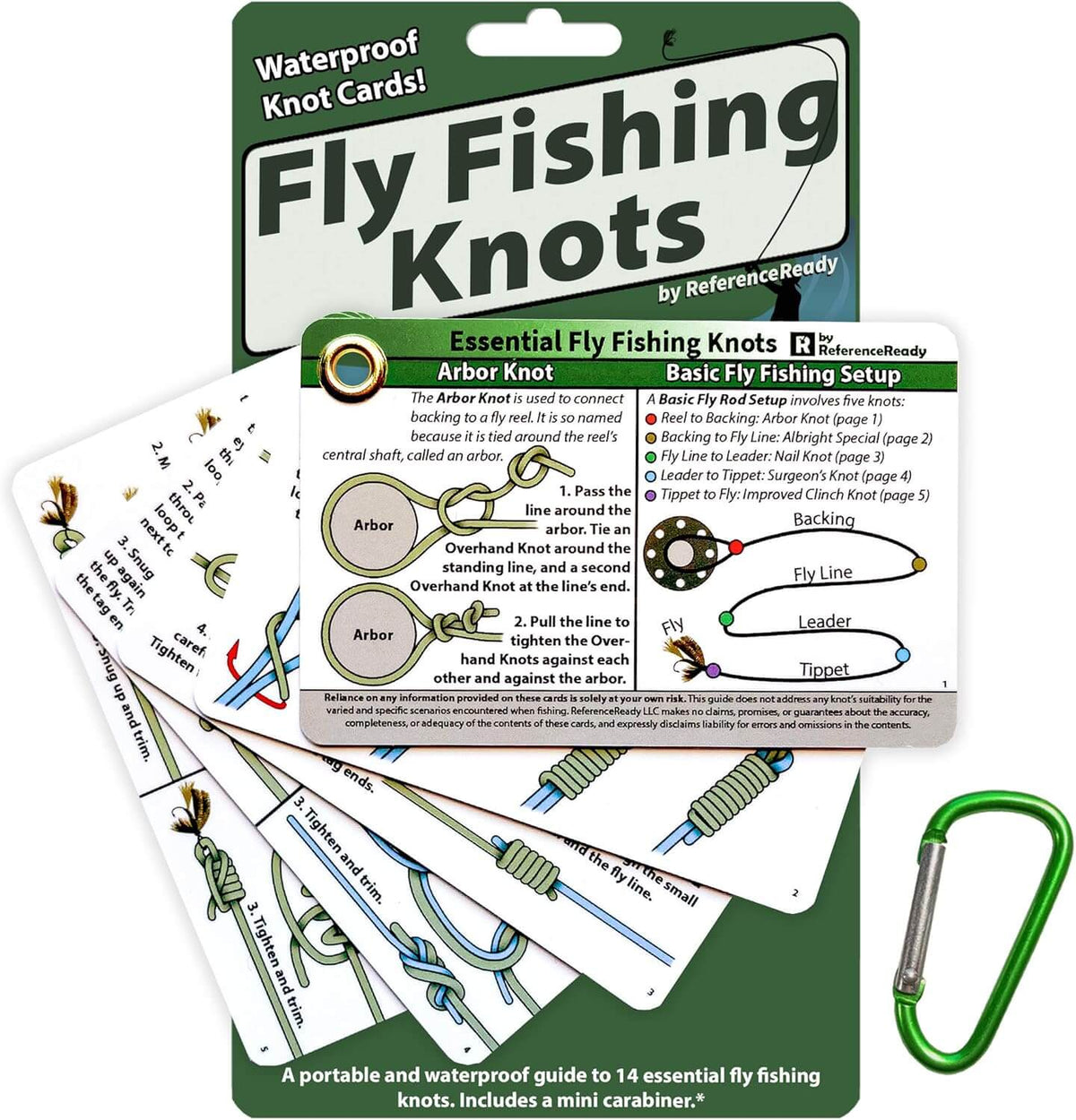 Fly Fishing Knot Cards: Waterproof Pocket Guide to 14 Essential Fly Fishing Knots with Mini Carabiner Makes Practical and Unique Gift for Fishermen and Women