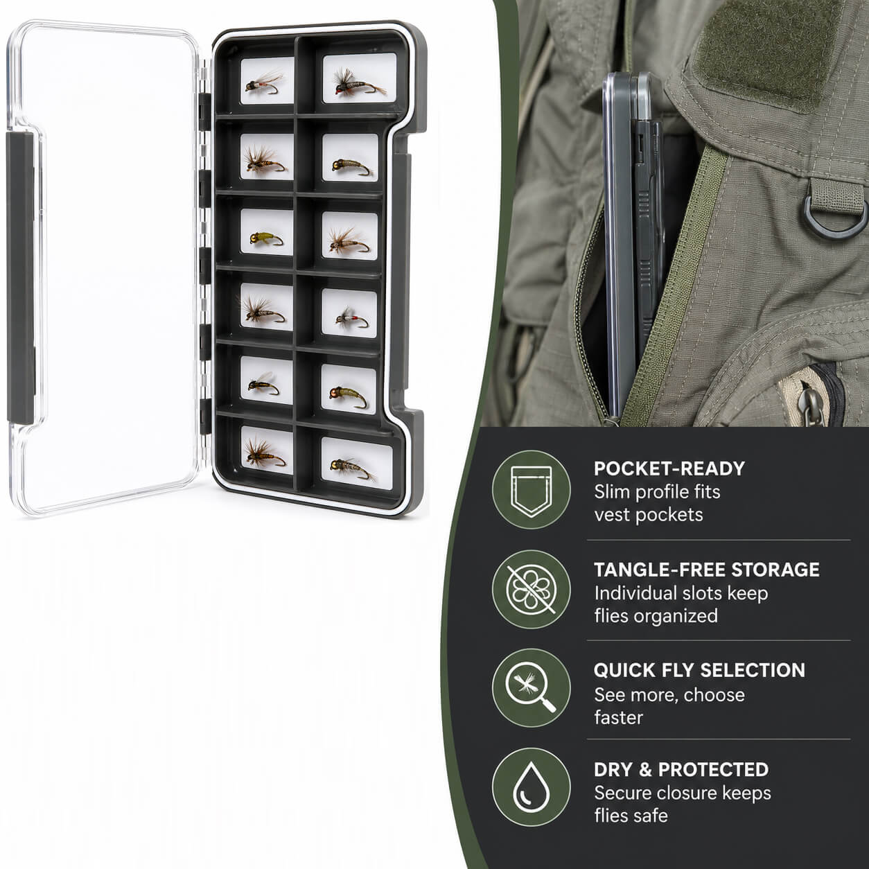 Raprance Super Slim Magnetic Back Waterproof Fly Fishing Box: 12 Compartments