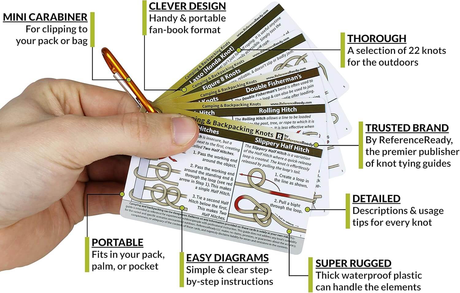 Outdoor Knots Pocket Guide - Waterproof Knot Tying Cards with Mini Carabiner, 22 Rope Knots for Camping, Backpacking, Scouting and Bushcraft