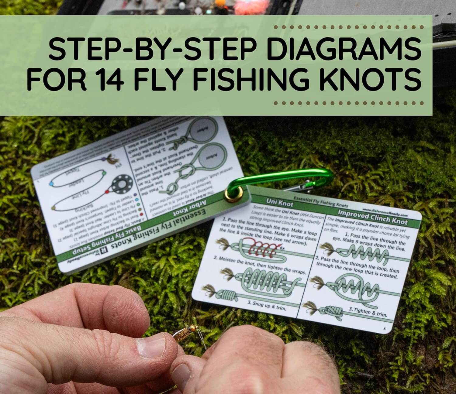 Fly Fishing Knot Cards: Waterproof Pocket Guide to 14 Essential Fly Fishing Knots with Mini Carabiner Makes Practical and Unique Gift for Fishermen and Women