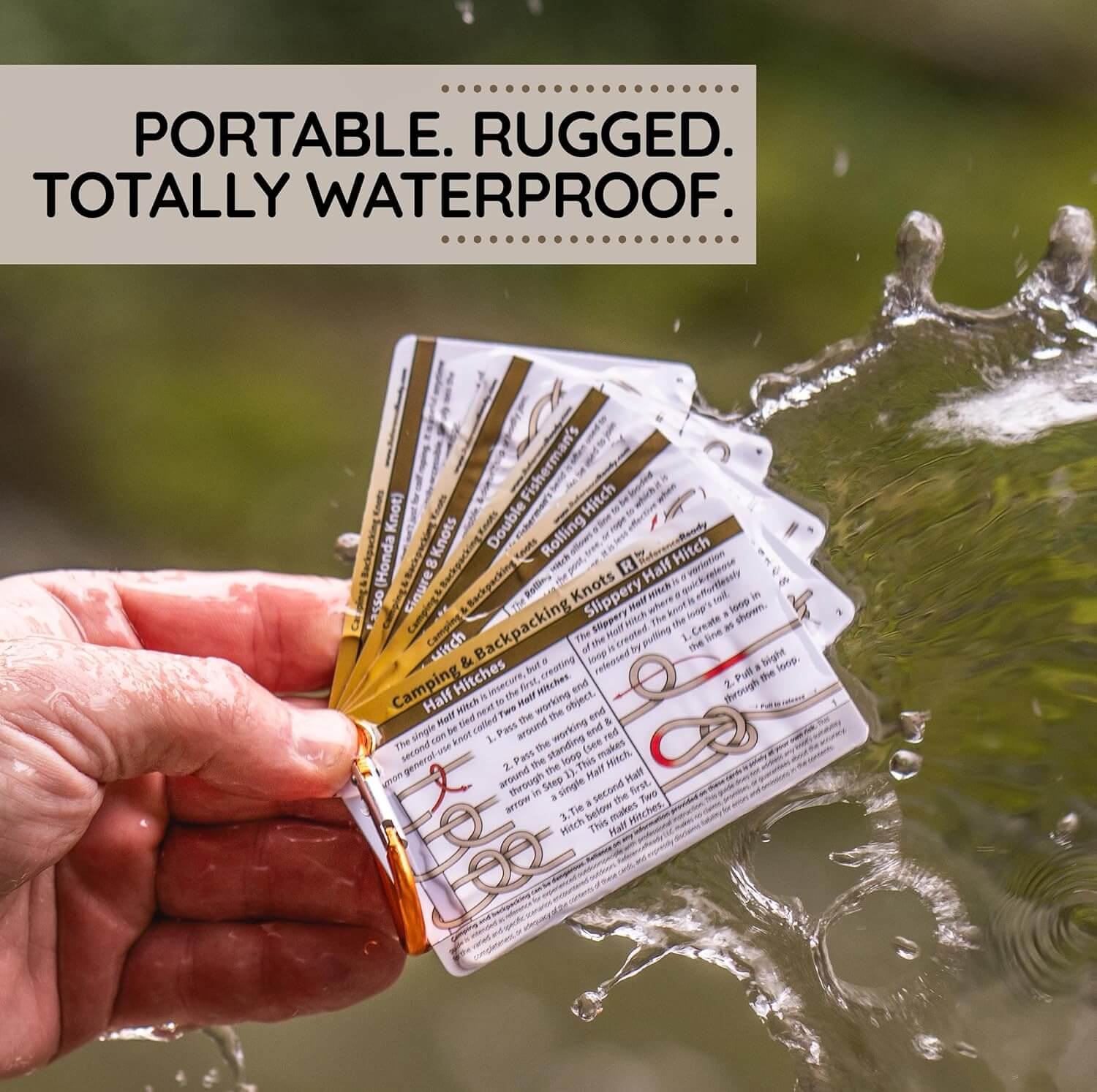 Outdoor Knots Pocket Guide - Waterproof Knot Tying Cards with Mini Carabiner, 22 Rope Knots for Camping, Backpacking, Scouting and Bushcraft