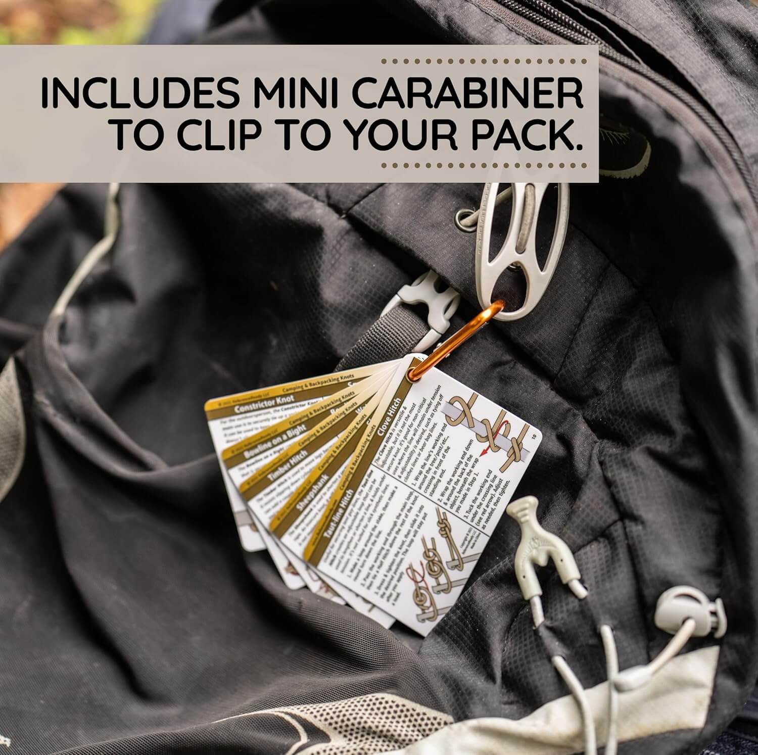 Outdoor Knots Pocket Guide - Waterproof Knot Tying Cards with Mini Carabiner, 22 Rope Knots for Camping, Backpacking, Scouting and Bushcraft