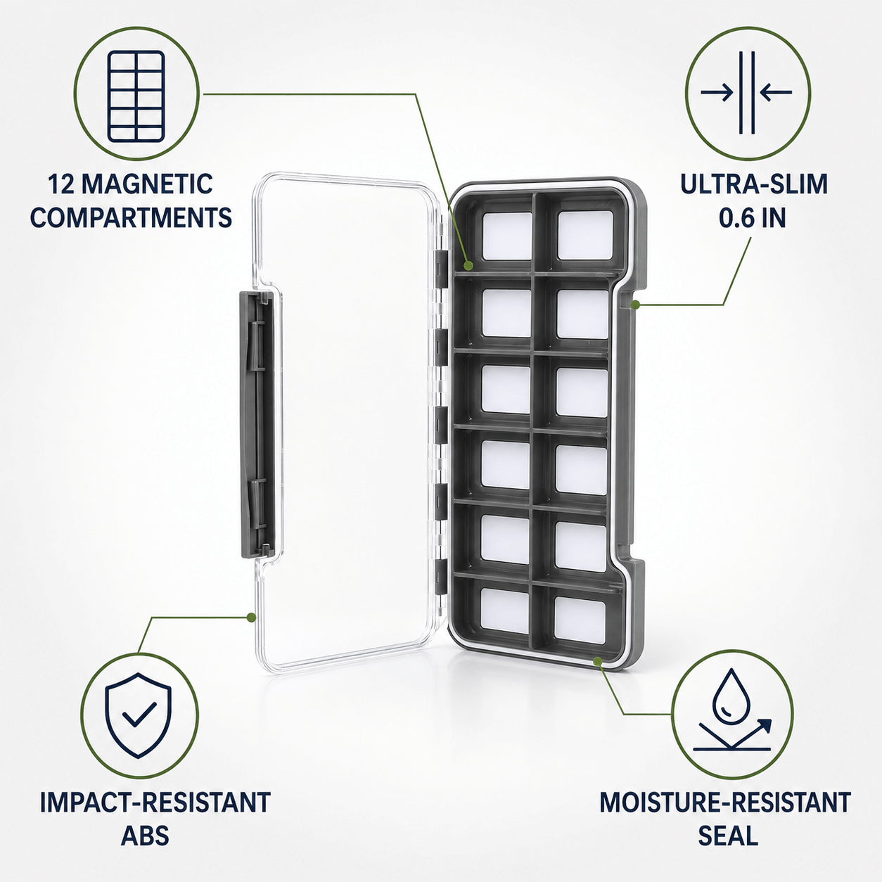 Raprance Super Slim Magnetic Back Waterproof Fly Fishing Box: 12 Compartments