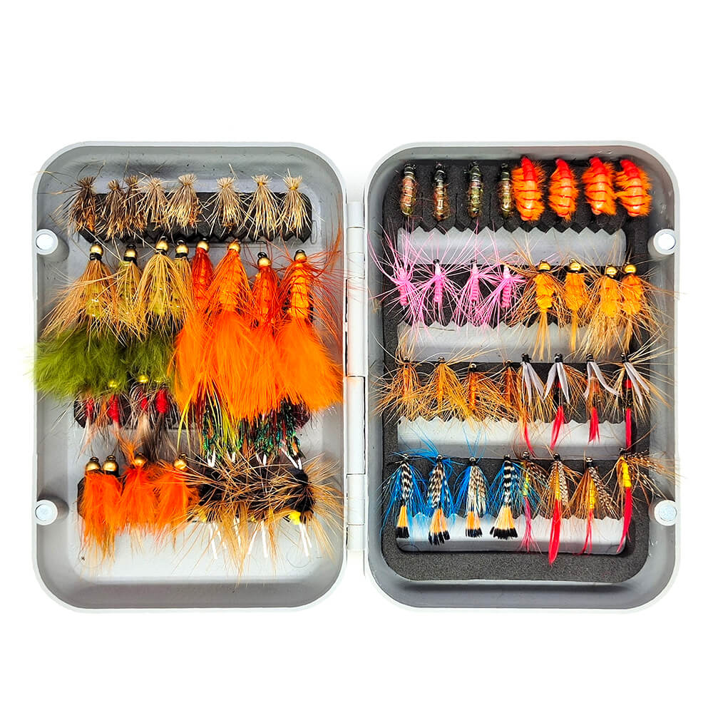 Raprance 64pcs Flies Trout Steelhead Salmon Fishing Flies Barbed Barbless Fly Hooks Include Dry Wet Flies Nymphs Streamers Eggs, Fly Lure Kit with Fly Box
