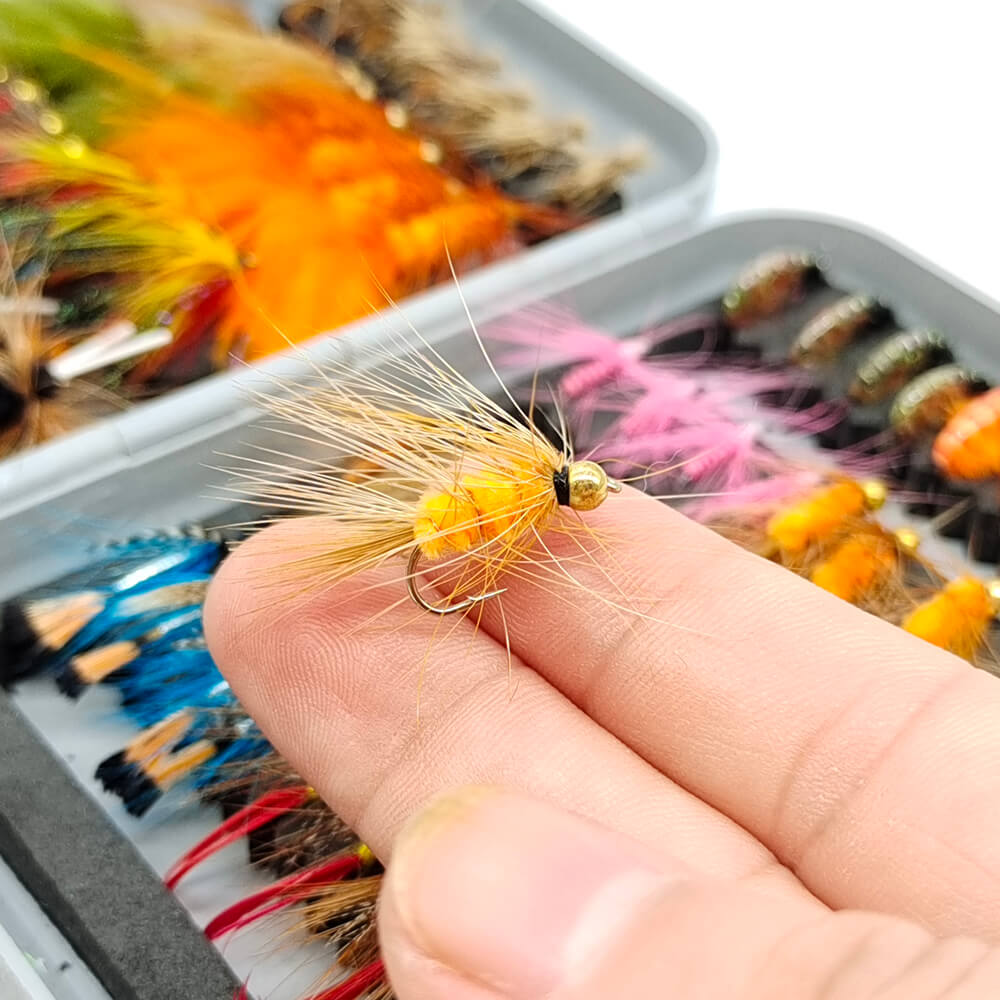 Raprance 64pcs Flies Trout Steelhead Salmon Fishing Flies Barbed Barbless Fly Hooks Include Dry Wet Flies Nymphs Streamers Eggs, Fly Lure Kit with Fly Box