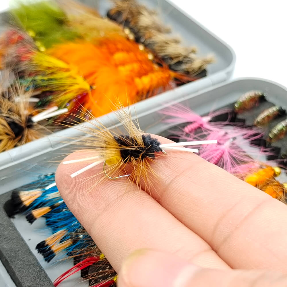Raprance 64pcs Flies Trout Steelhead Salmon Fishing Flies Barbed Barbless Fly Hooks Include Dry Wet Flies Nymphs Streamers Eggs, Fly Lure Kit with Fly Box