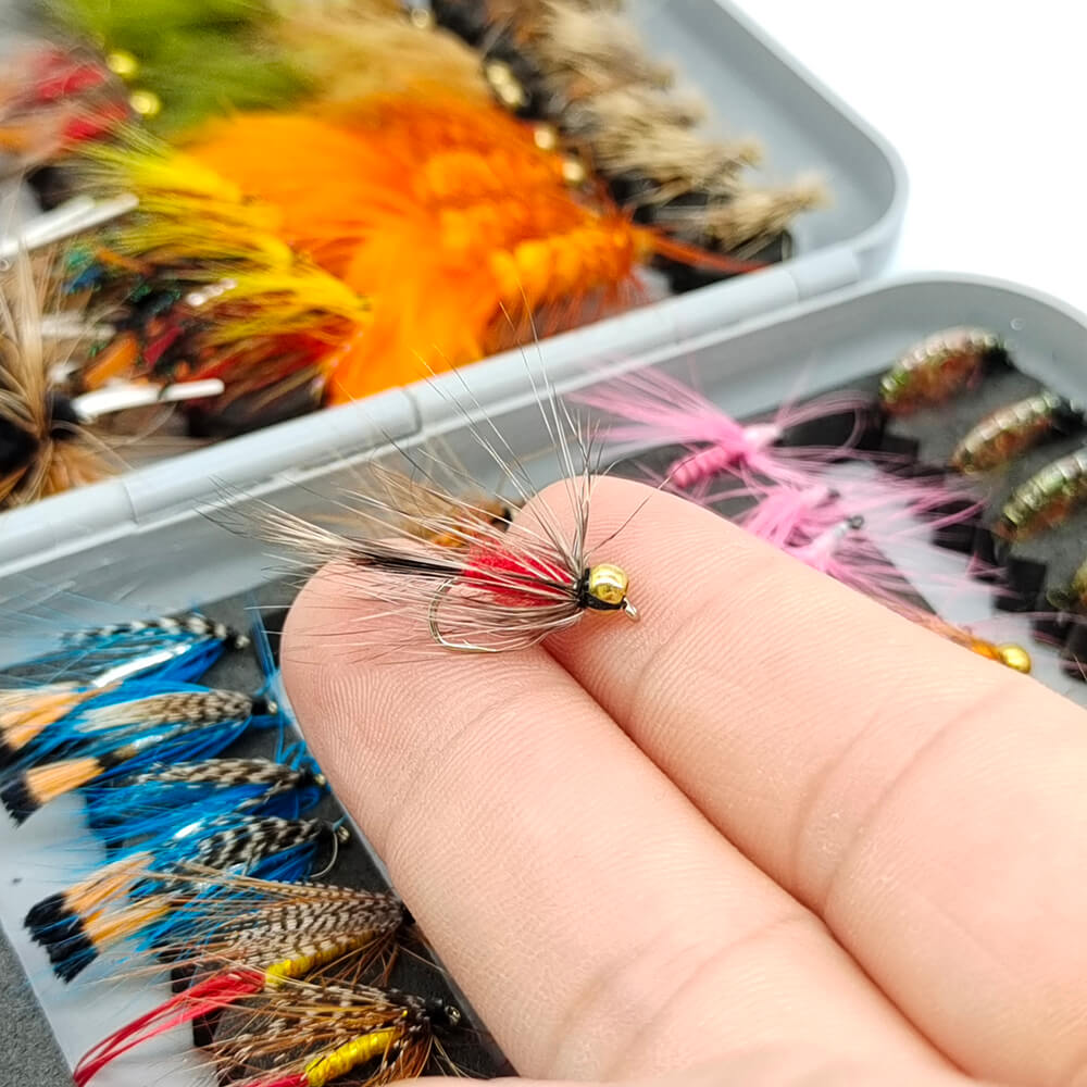 Raprance 64pcs Flies Trout Steelhead Salmon Fishing Flies Barbed Barbless Fly Hooks Include Dry Wet Flies Nymphs Streamers Eggs, Fly Lure Kit with Fly Box