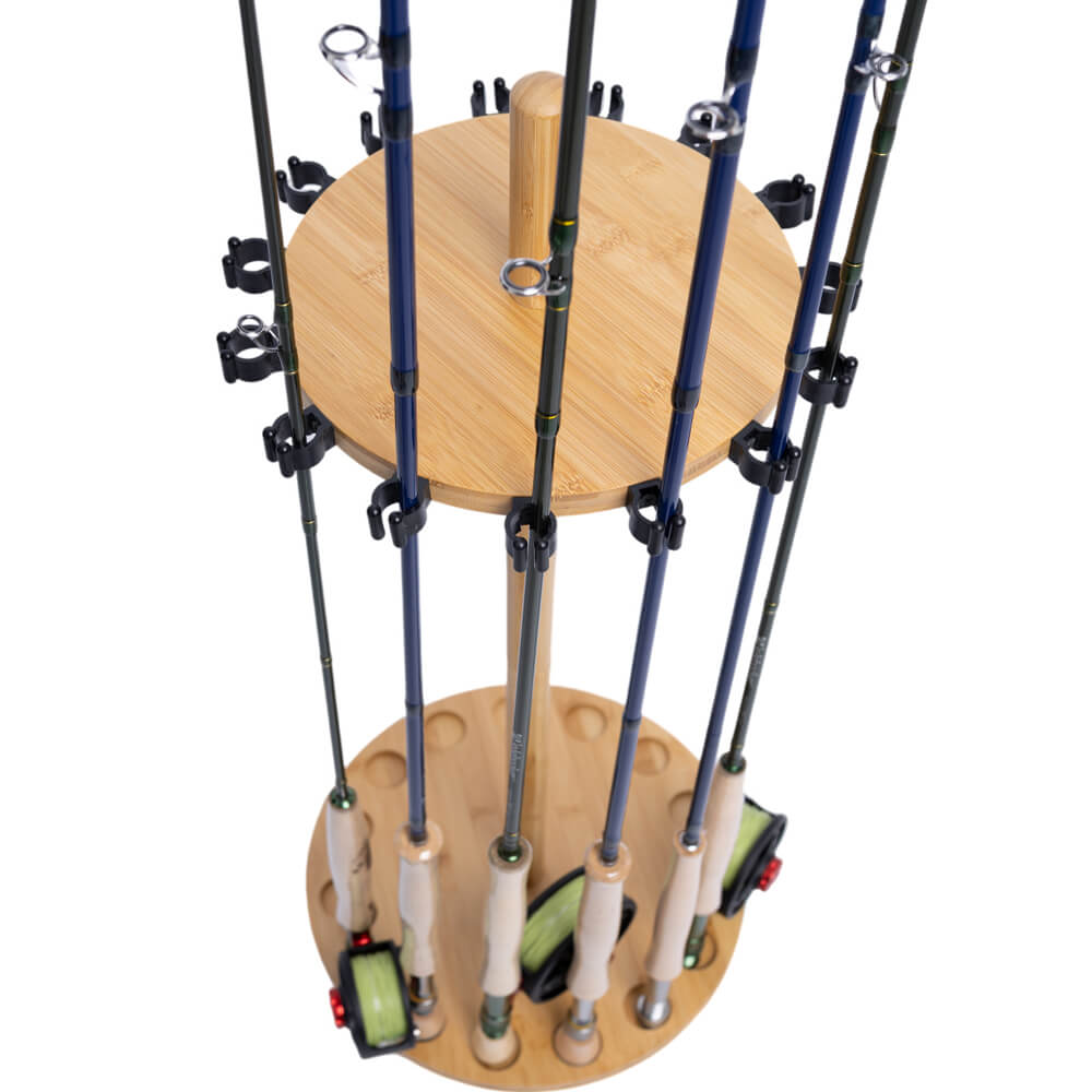 Raprance Round 15 Fishing Rod Storage Rack - Features Traditional Handcrafted Bamboo Post - No Tool Assembly, Bamboo