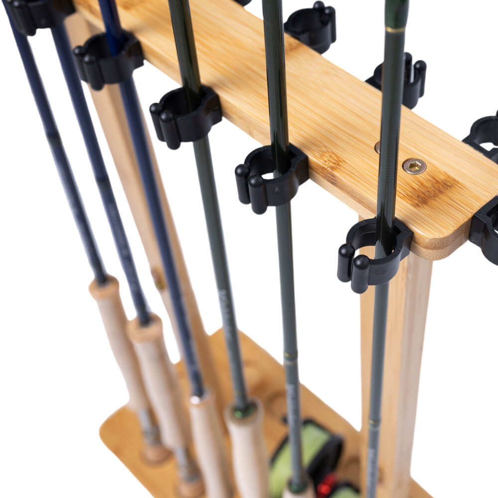 Raprance Fishing Rod Storage Racks, 100% Bamboo Floor Stand Fishing Pole Holders for Garage of 14 Rods or Combos