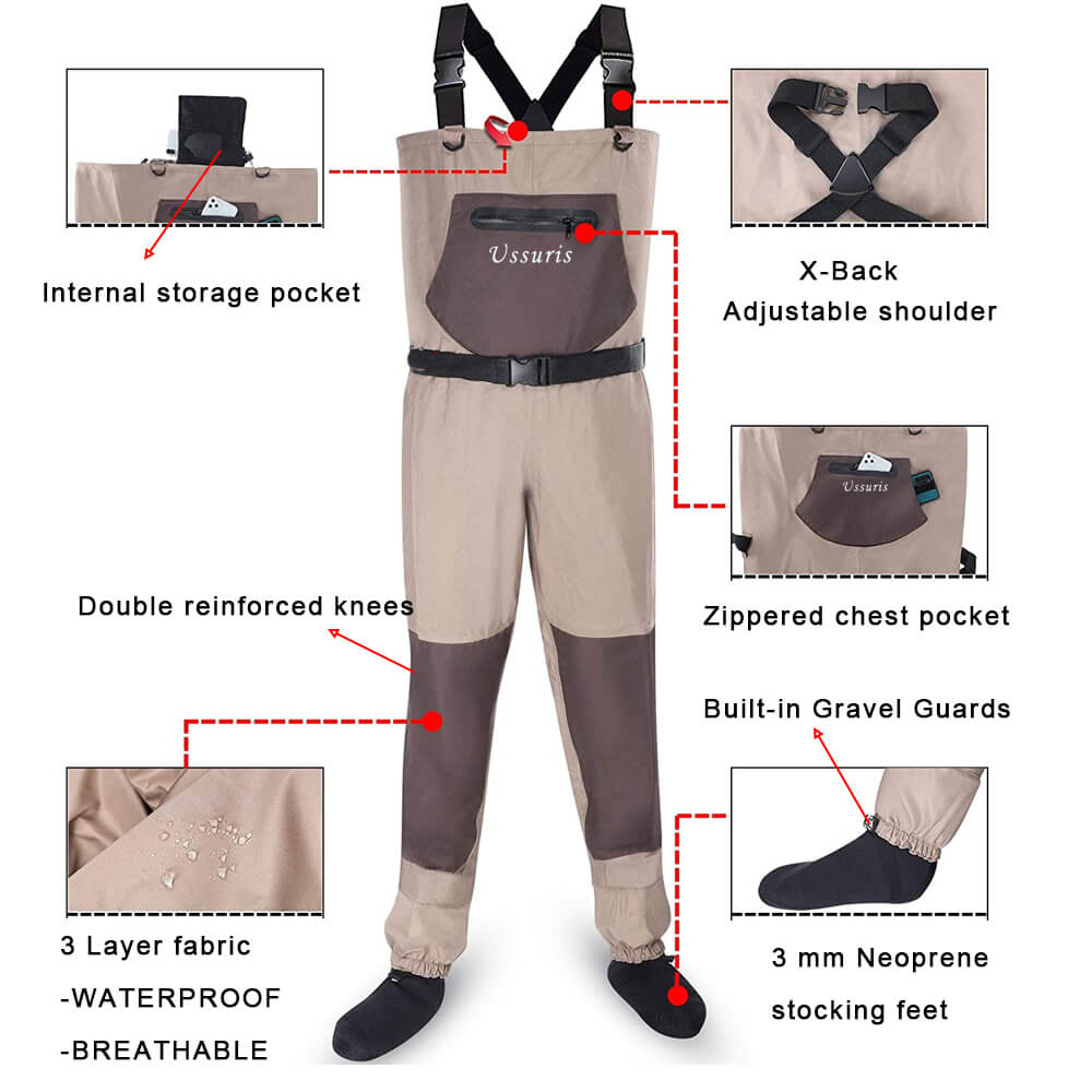 Ussuris Breathable Chest Waders for Men & Women, 3-Ply Nylon/PVC Waterproof Fishing Hunting Waders with Pockets and Neoprene Stocking for 4 Seasons Fly Fishing