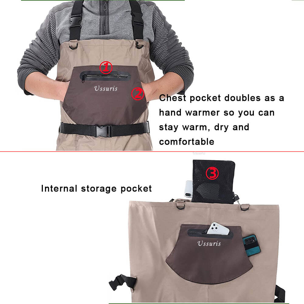 Ussuris Breathable Chest Waders for Men & Women, 3-Ply Nylon/PVC Waterproof Fishing Hunting Waders with Pockets and Neoprene Stocking for 4 Seasons Fly Fishing
