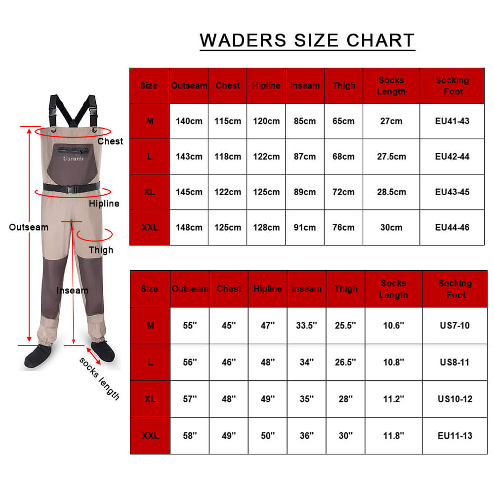Ussuris Breathable Chest Waders for Men & Women, 3-Ply Nylon/PVC Waterproof Fishing Hunting Waders with Pockets and Neoprene Stocking for 4 Seasons Fly Fishing