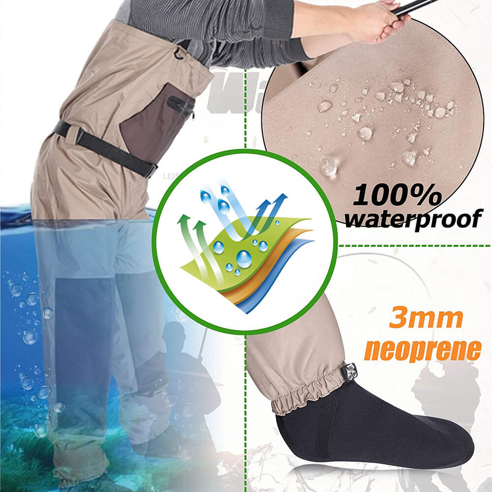 Ussuris Breathable Chest Waders for Men & Women, 3-Ply Nylon/PVC Waterproof Fishing Hunting Waders with Pockets and Neoprene Stocking for 4 Seasons Fly Fishing