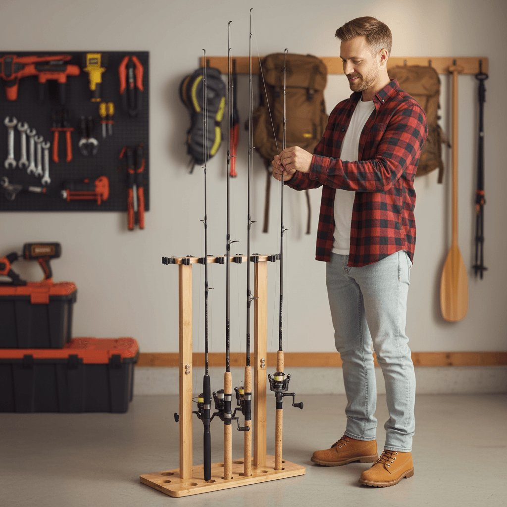 Raprance Fishing Rod Storage Racks, 100% Bamboo Floor Stand Fishing Pole Holders for Garage of 14 Rods or Combos