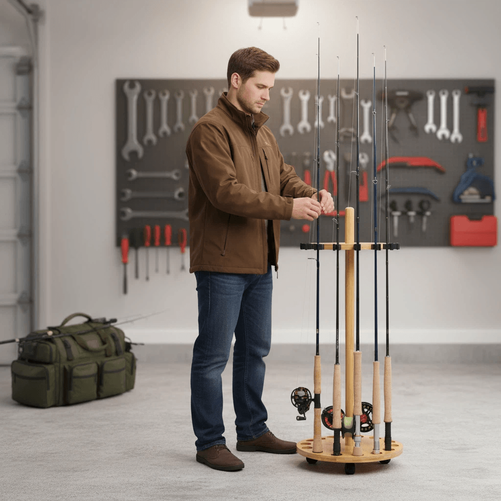 Raprance Round 15 Fishing Rod Storage Rack - Features Traditional Handcrafted Bamboo Post - No Tool Assembly, Bamboo